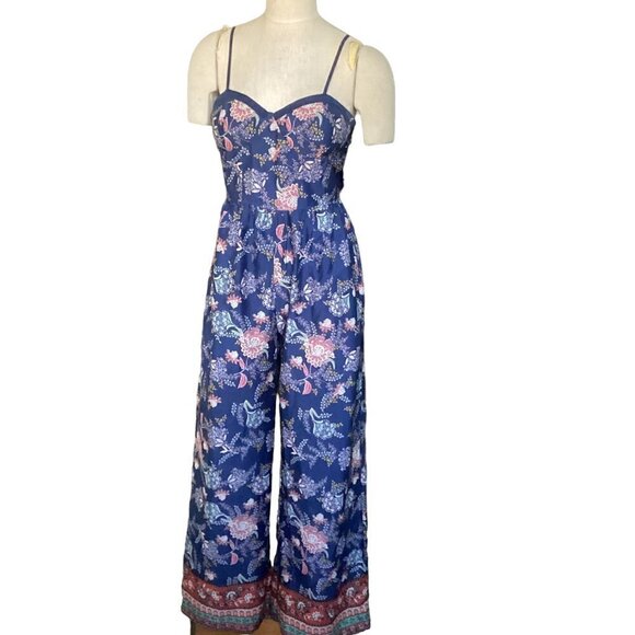 Band of Gypsies Pants - Band of Gypsies Floral Jumpsuit Wide Leg Pockets Sz M Blue #95F
